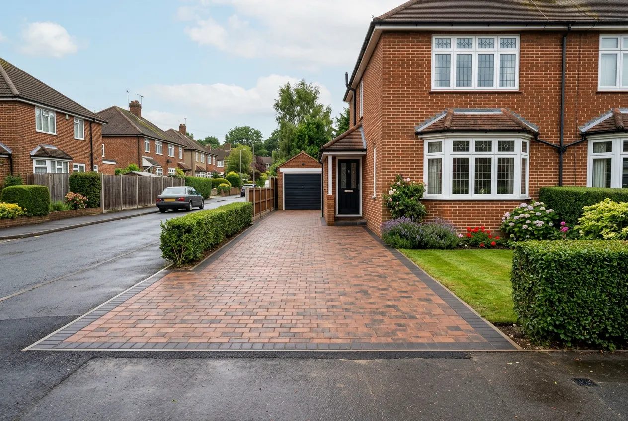 Red-brick 1930s semi-detached house in Watford with a newly laid brindle block paved driveway