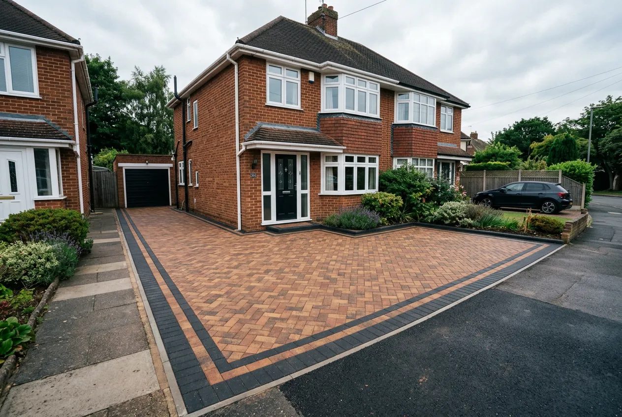 Brindle herringbone block paving driveway with charcoal border before a red-brick semi