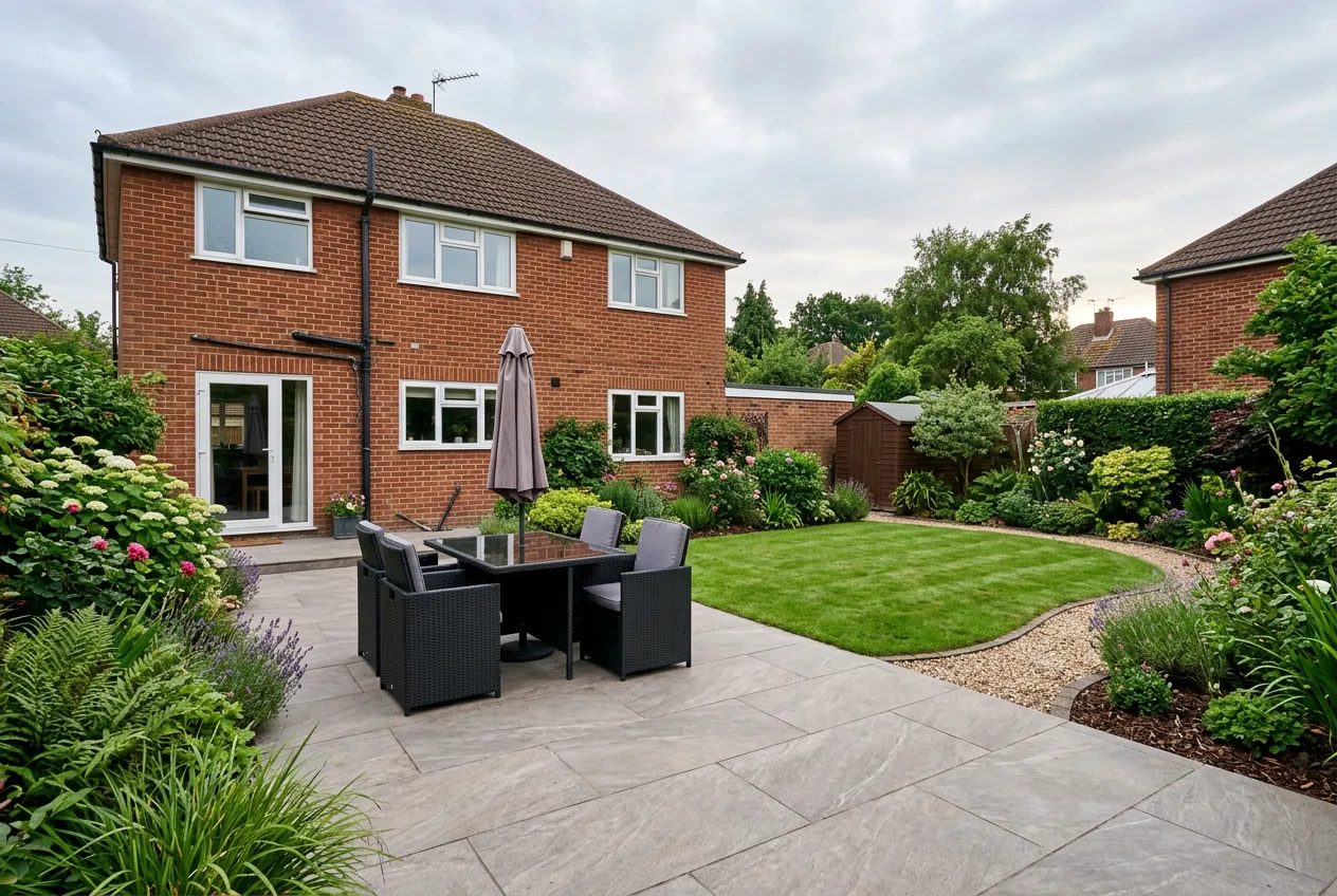 Warm grey porcelain patio with garden furniture behind a red-brick semi